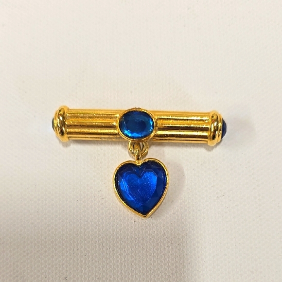 Vintage Jewelry - Vintage Elegant Gold and Blue Brooch with Heart Pendant